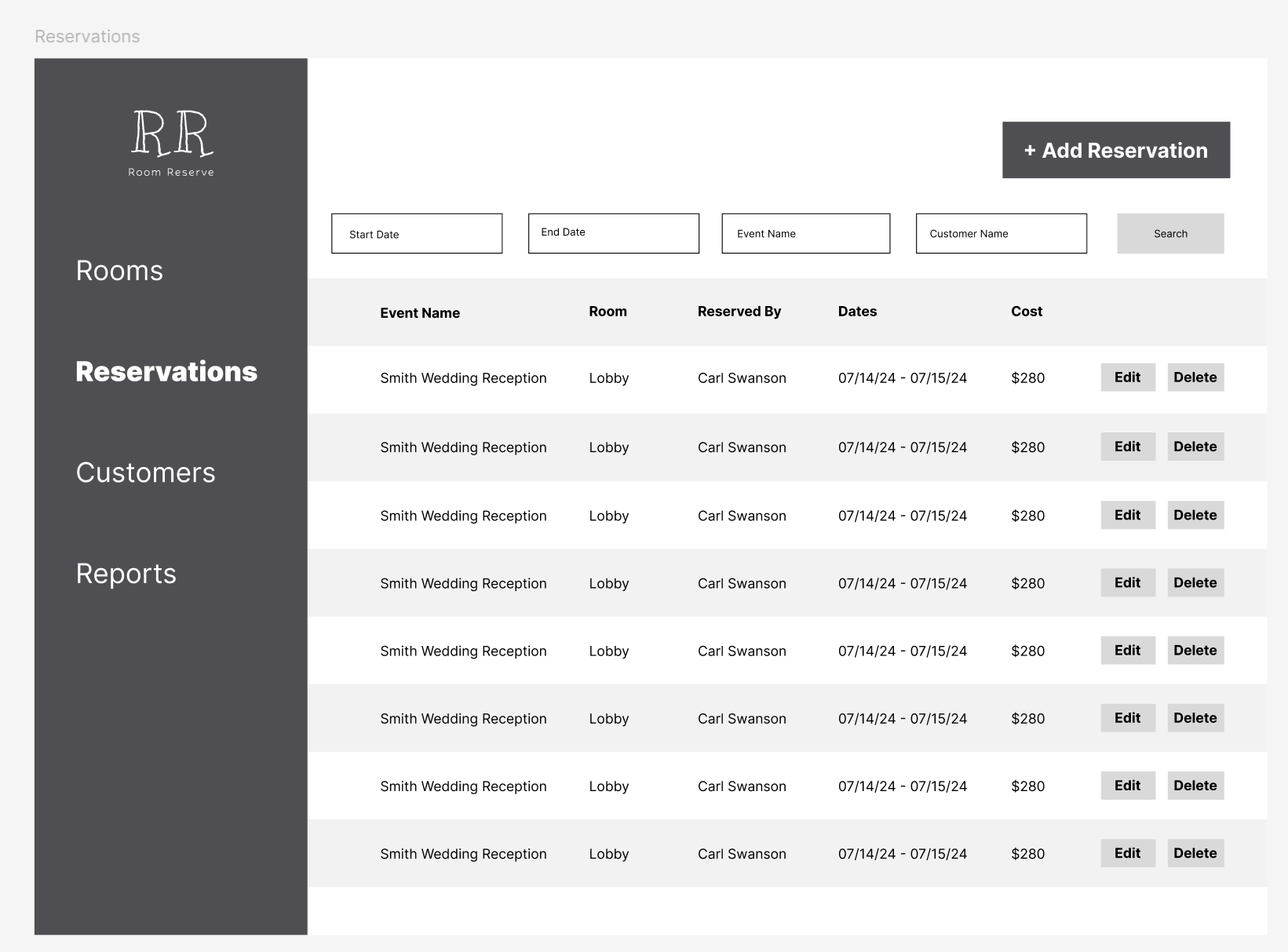 Reservations management interface wireframe
