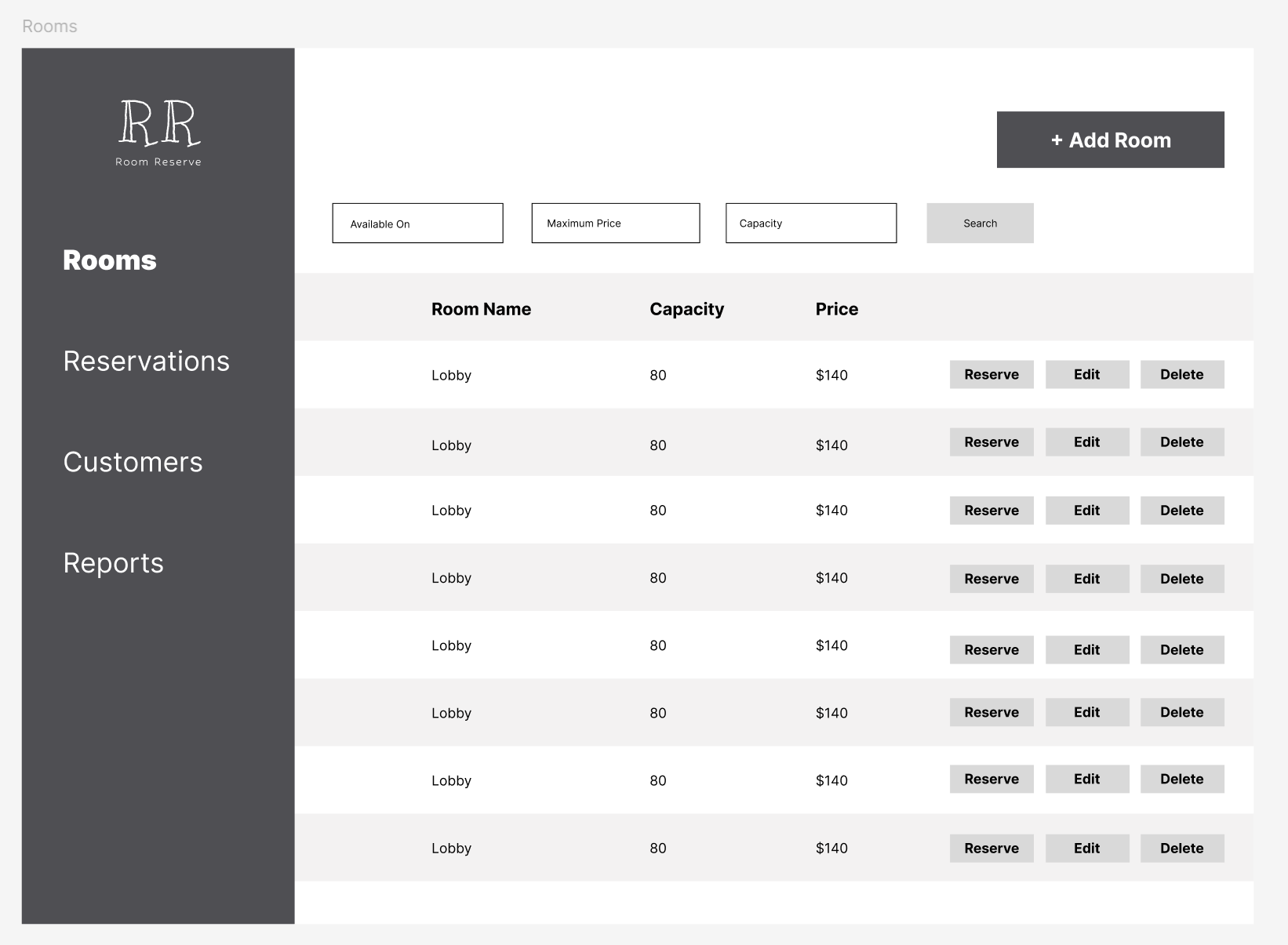 Rooms management interface wireframe